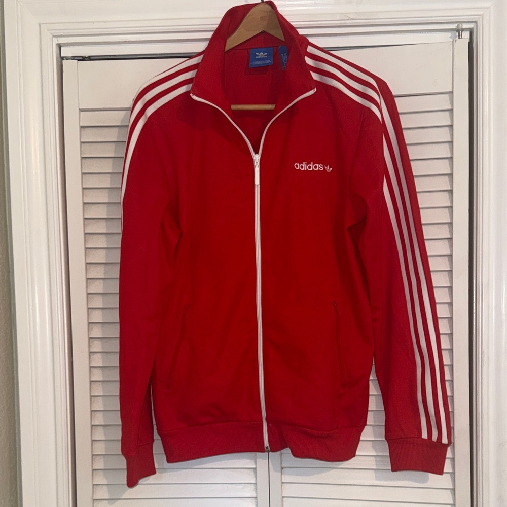 Adidas Red and White Zip-Up Jacket - M
